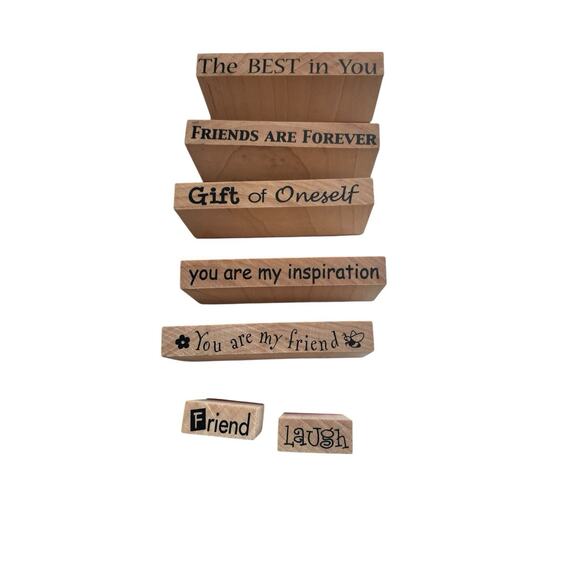 Wood Rubber Stamps Sentiments Friendship Quotes Sayings Laugh Friend Lot of 7 - Picture 1 of 8